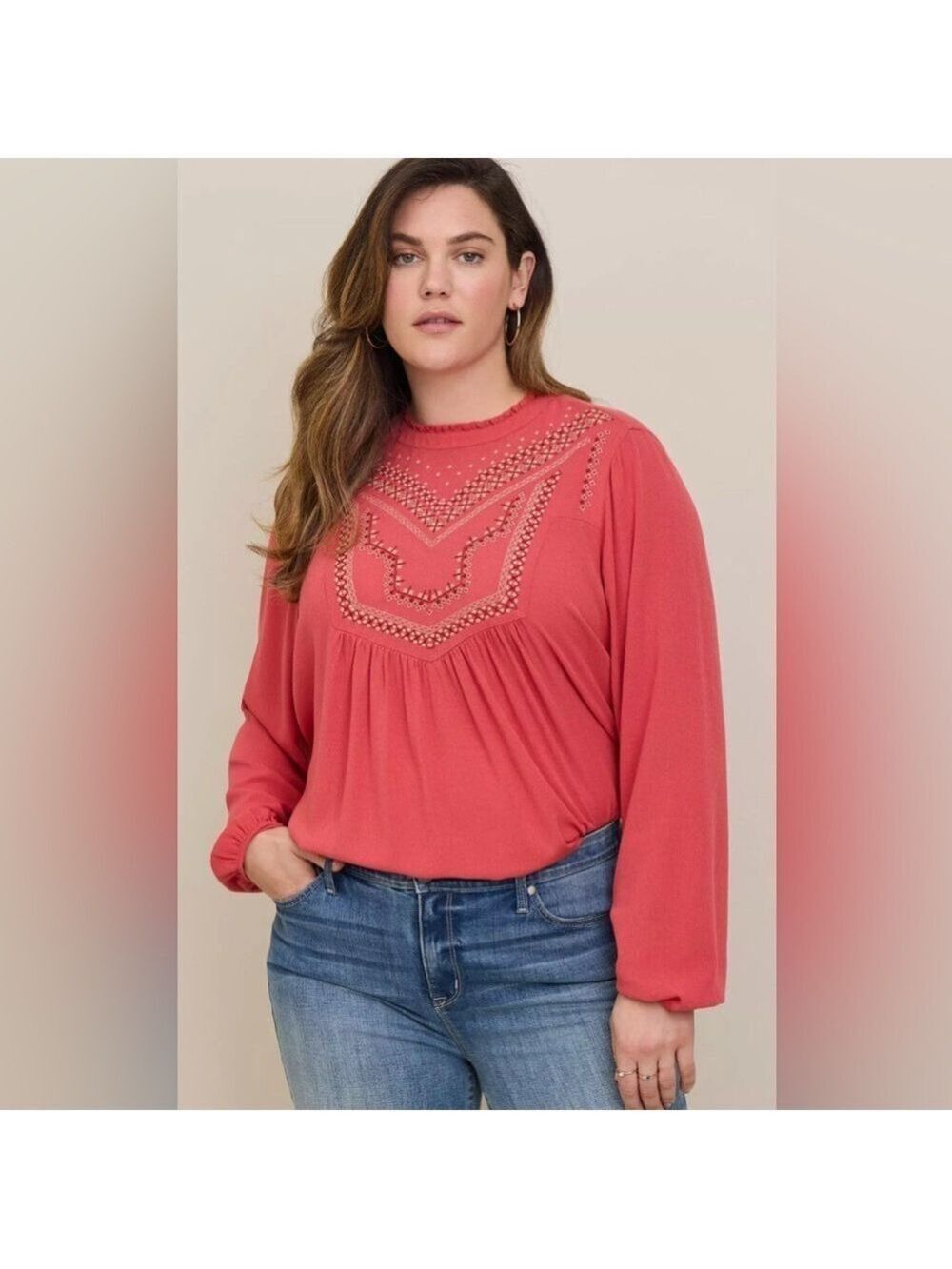 Torrid Washable Crinkle Gauze Relaxed Embroidered Blouse mock neck size 0X or L